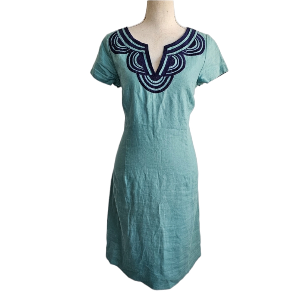 Boden Aqua Linen Shift Dress with Navy Embroidery